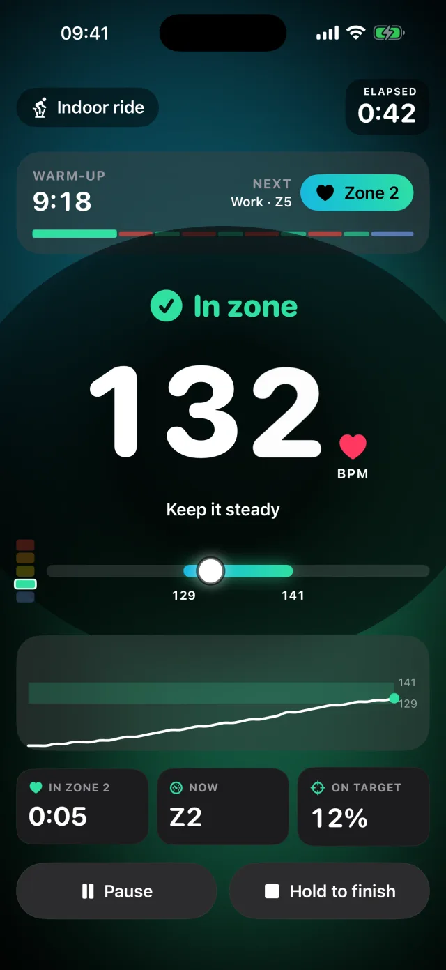 Interval workout screen with warm-up countdown and next step