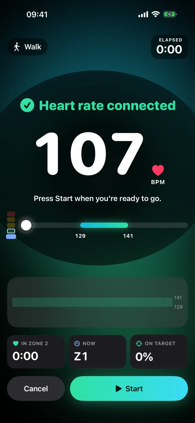 Workout ready screen: heart rate connected, 107 bpm, Cancel and Start buttons