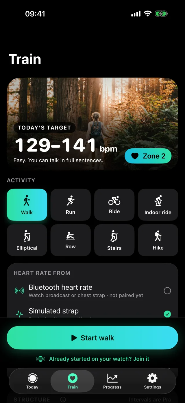 Train screen with today's target of 129 to 141 bpm and activity picker