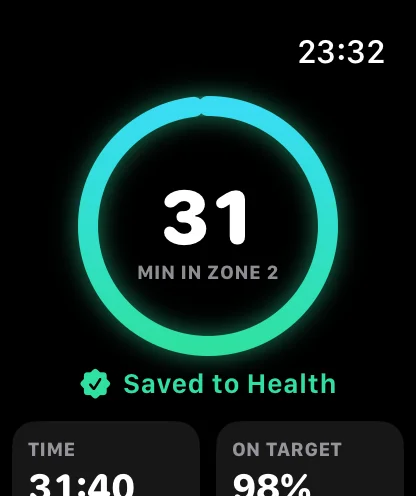 Watch summary: 31 minutes in Zone 2, saved to Health